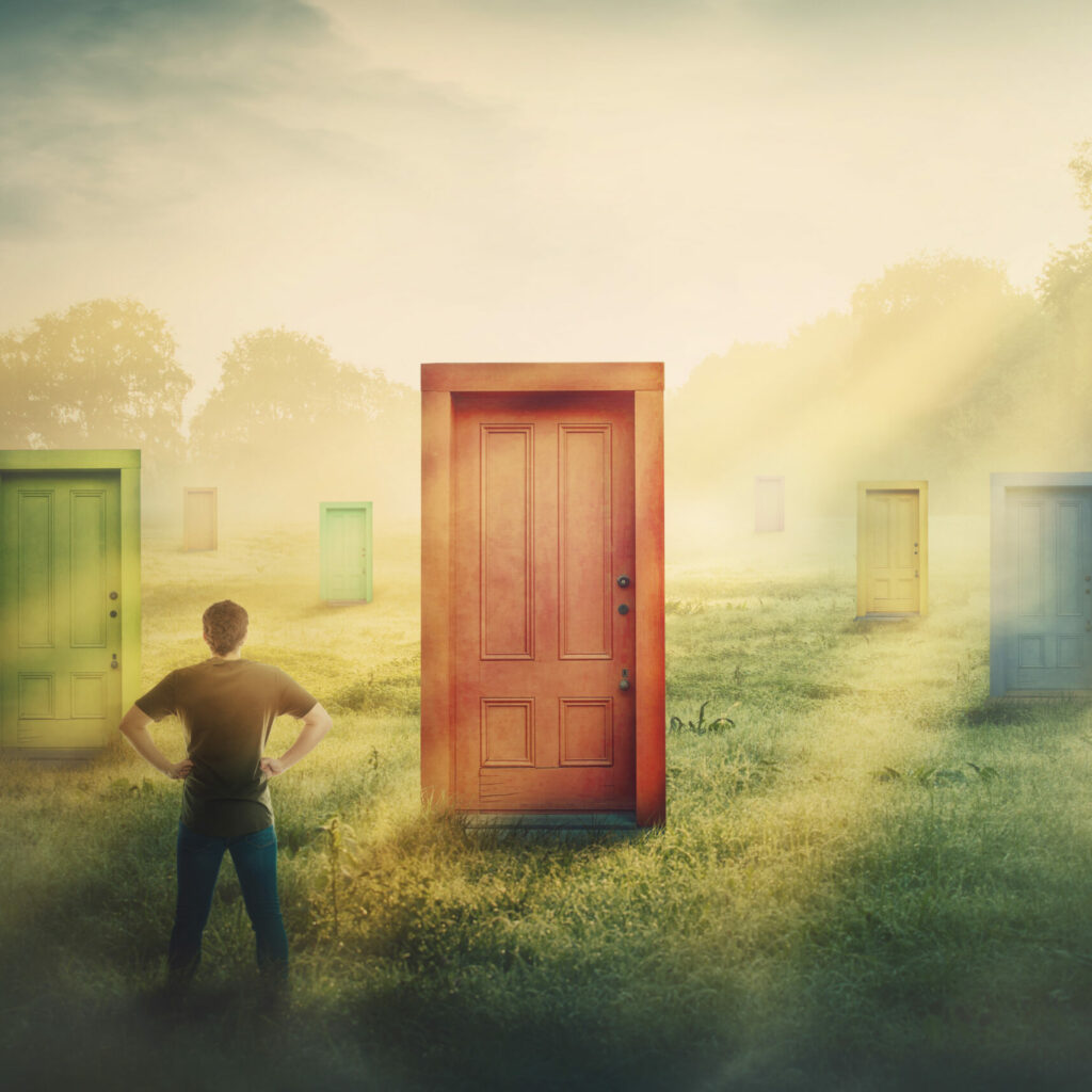 Doubtful Man In Front Of Many Different Doors Choosing One. Diff