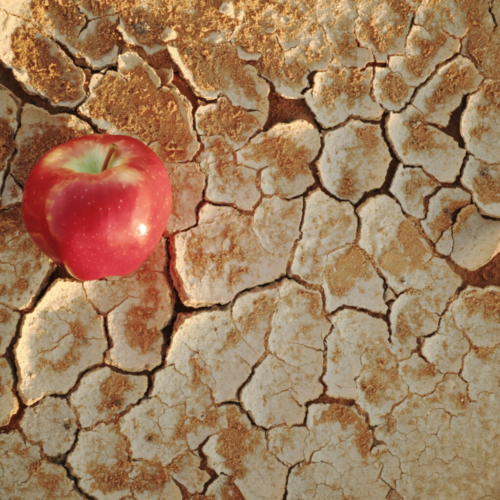 An Apple On A Dry Cracked Desert Soil. Water Shortage, Food Insecurity, Crisis, Hunger And Agriculture Concept.