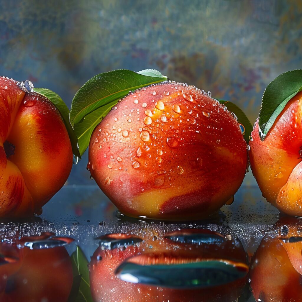 Three Peaches With Leaves On Them