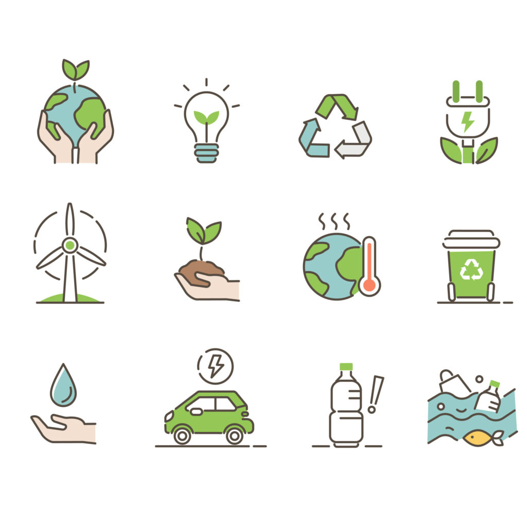 Ecology Icons Set. Global Warming, Climate Change, Plastic Pollution And Other Ecology Problems. Save The Planet Symbols. Eco Environment Signs Collection. Flat Line Cartoon Vector Illustration.
